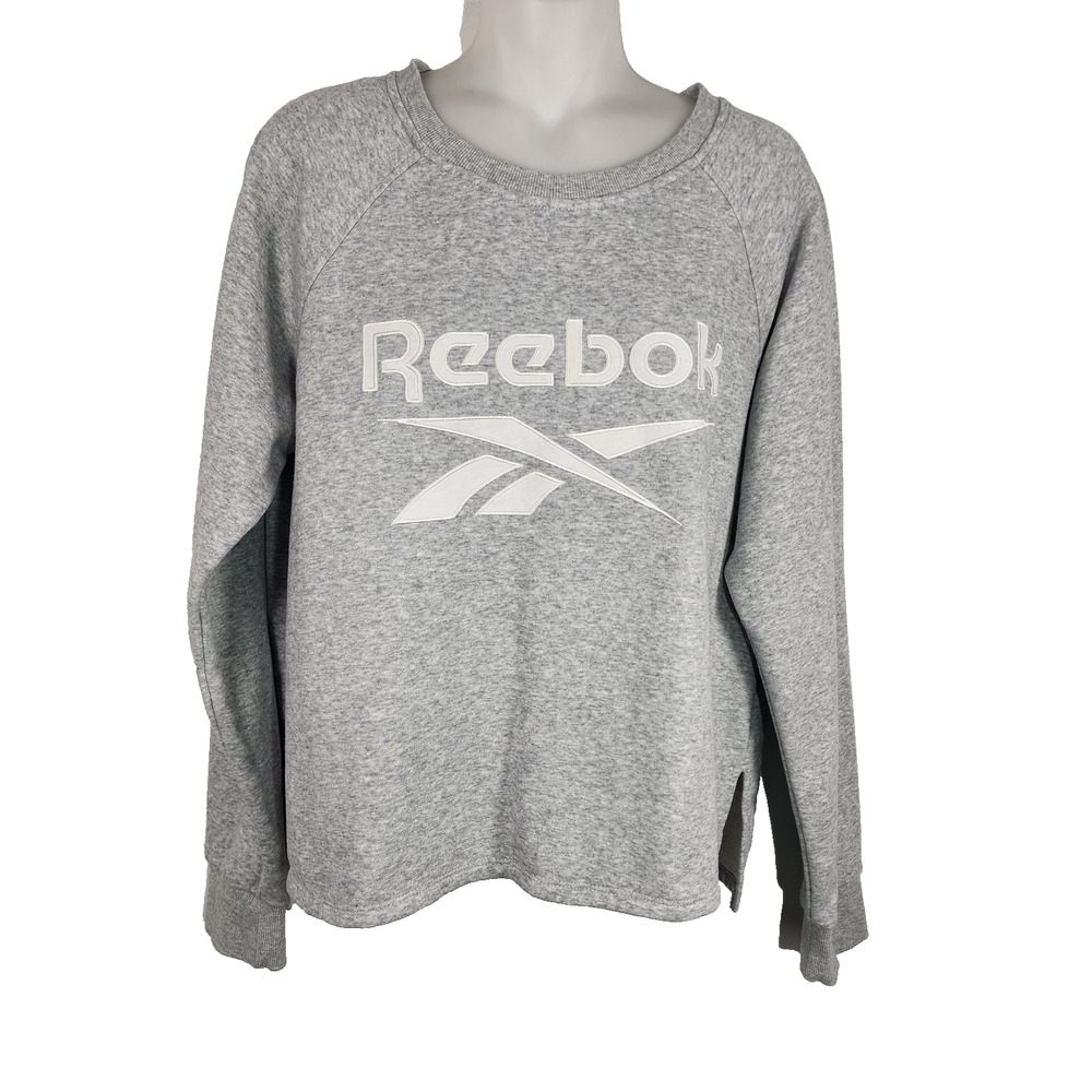 Reebok Womens Fleece Crop Sweatshirt Big Logo Grey White Crewneck Large Athletic